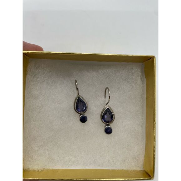 Vintage Lolite Drop Earrings Purple Pierced Fish Hook Stamped - Picture 5 of 7